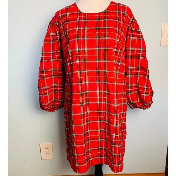 NWT J. Crew Puff Sleeve Dress in Good Tidings Plaid Size Medium - Picture 6 of 7